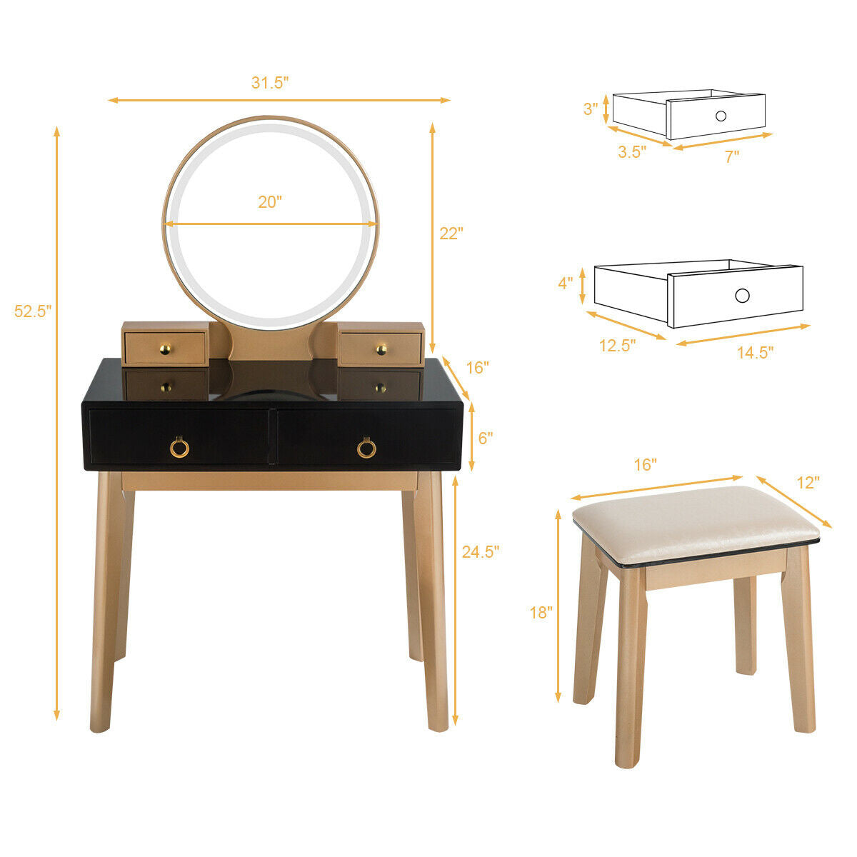 Makeup Vanity Table Set 3 Color Lighting Dressing Table-Black -  Scratch and Dent