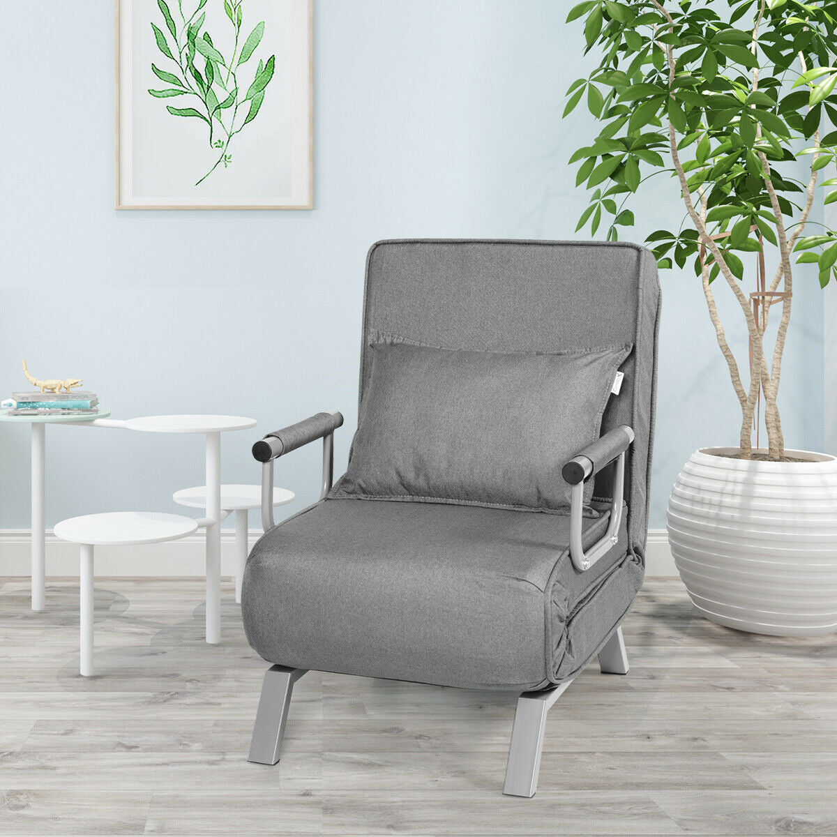 Folding 6 Position Convertible Sleeper Bed Armchair Lounge Couch with Pillow-Gray/ Black Legs
