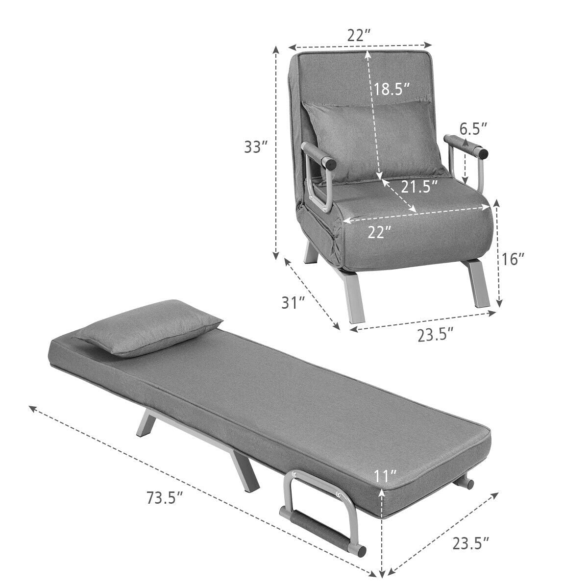 Folding 6 Position Convertible Sleeper Bed Armchair Lounge Couch with Pillow-Gray/ Black Legs