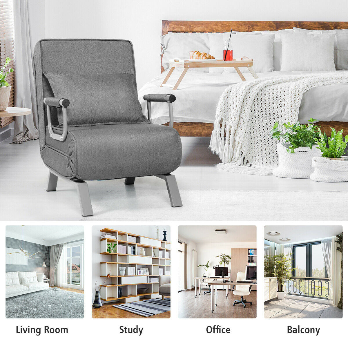 Folding 6 Position Convertible Sleeper Bed Armchair Lounge Couch with Pillow-Gray/ Black Legs