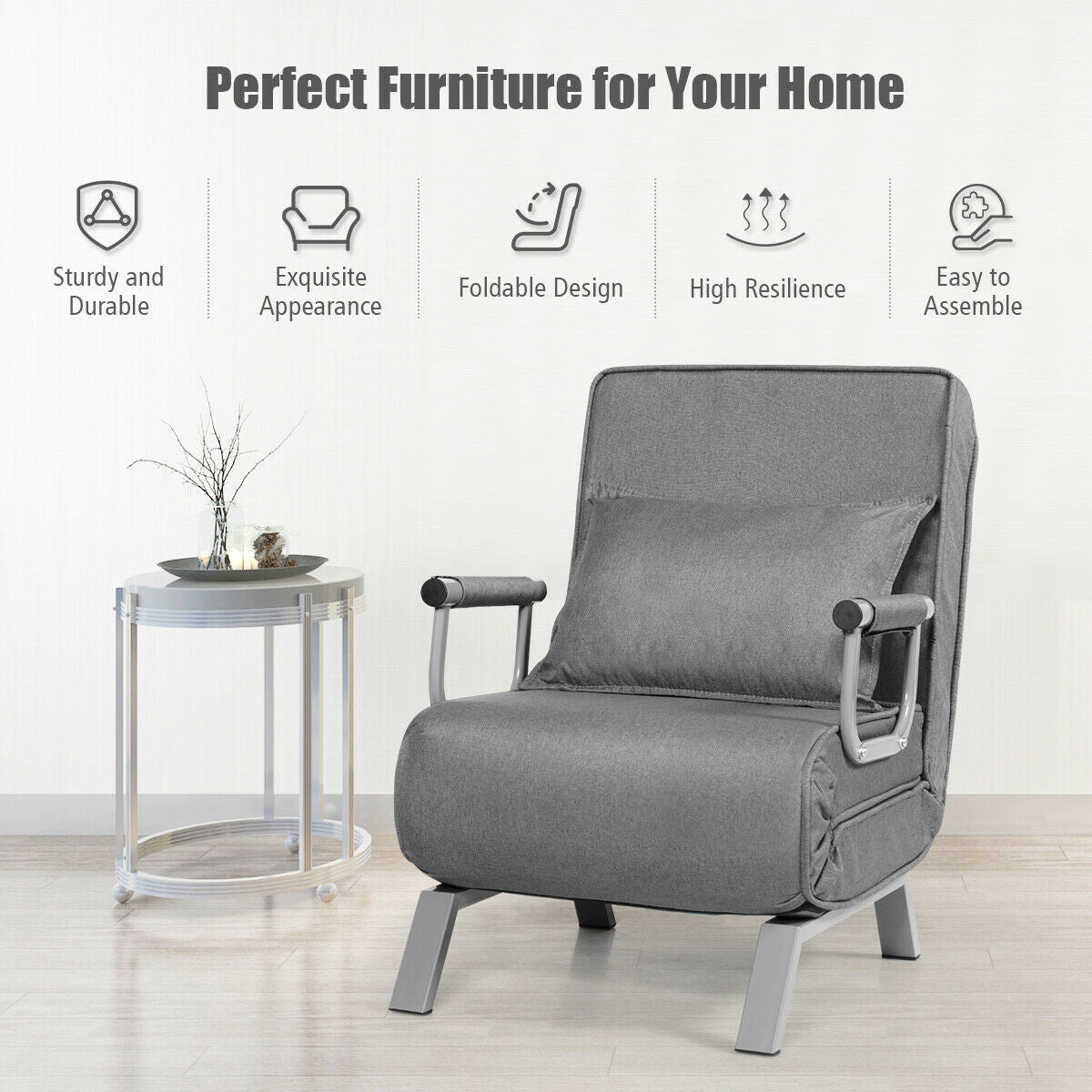 Folding 6 Position Convertible Sleeper Bed Armchair Lounge Couch with Pillow-Gray/ Black Legs