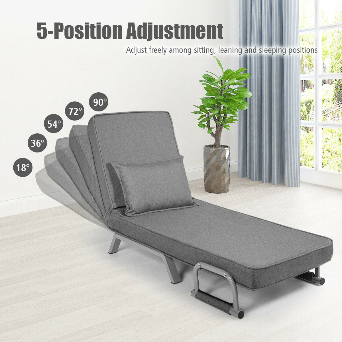 Folding 6 Position Convertible Sleeper Bed Armchair Lounge Couch with Pillow-Gray/ Black Legs