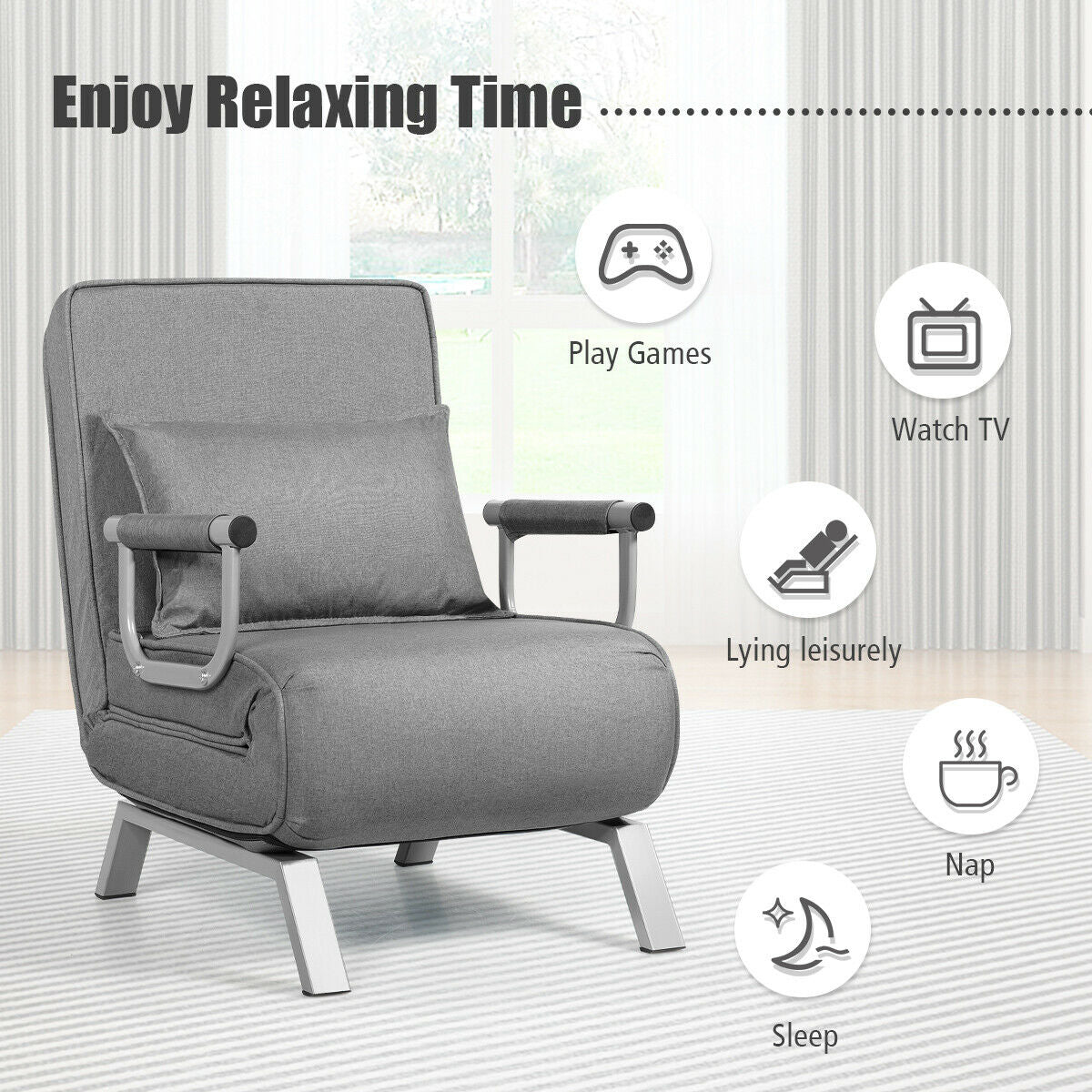 Folding 6 Position Convertible Sleeper Bed Armchair Lounge Couch with Pillow-Gray/ Black Legs