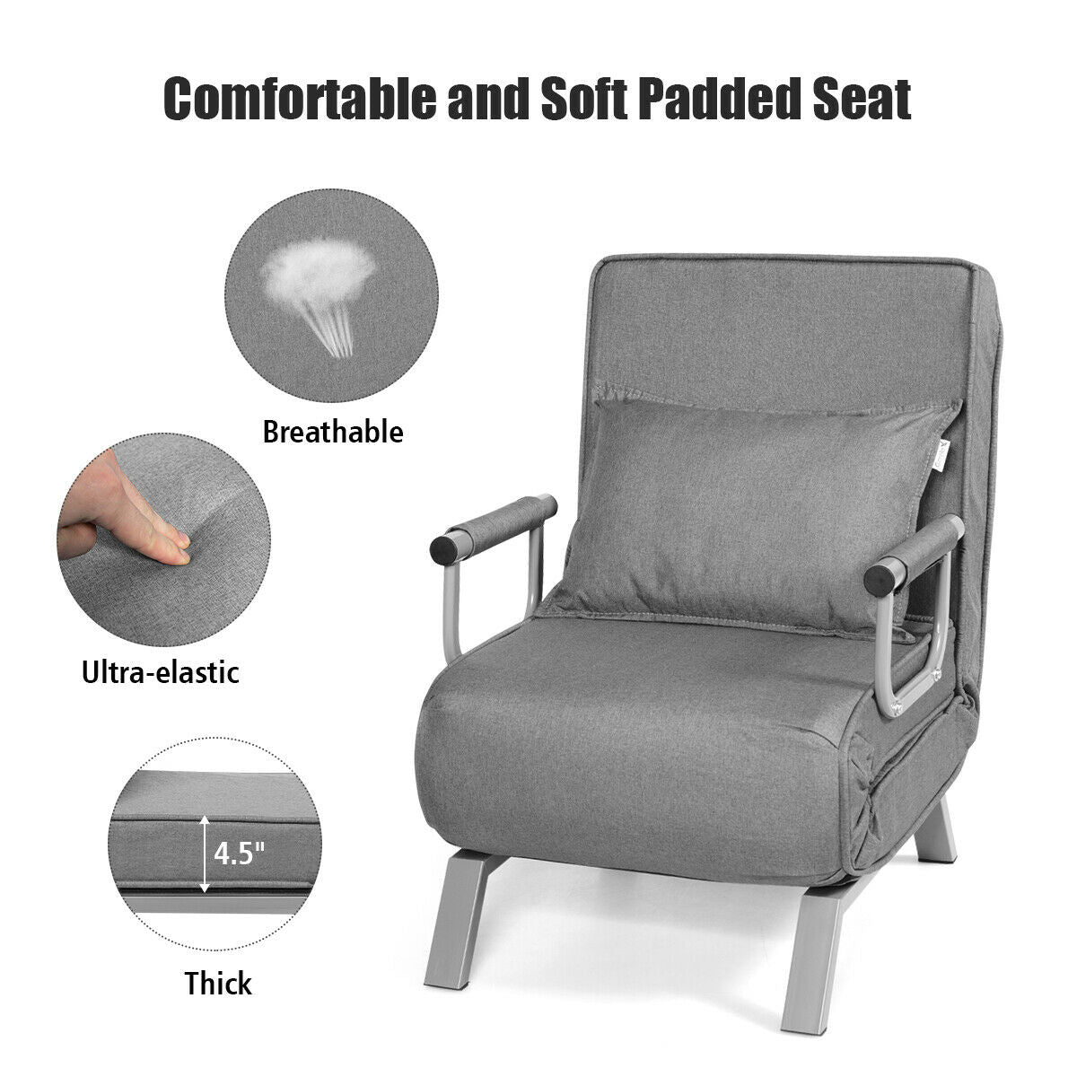 Folding 6 Position Convertible Sleeper Bed Armchair Lounge Couch with Pillow-Gray/ Black Legs