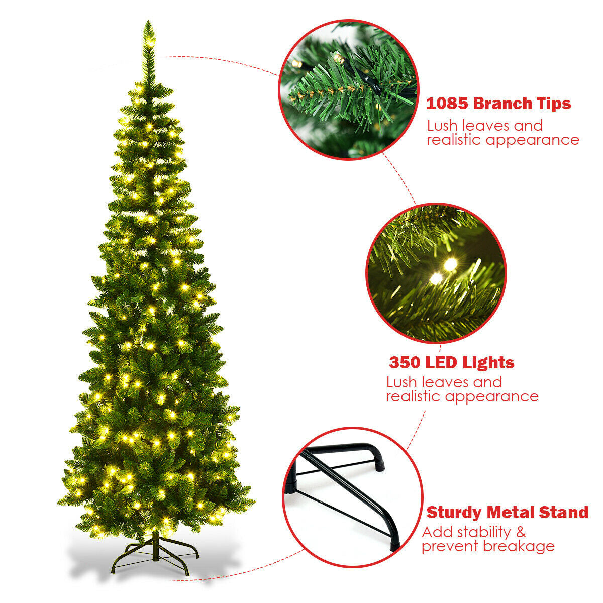 7.5' Pre-Lit Hinged Artificial Pencil Christmas Tree-7.5 ft, assembled, final sale