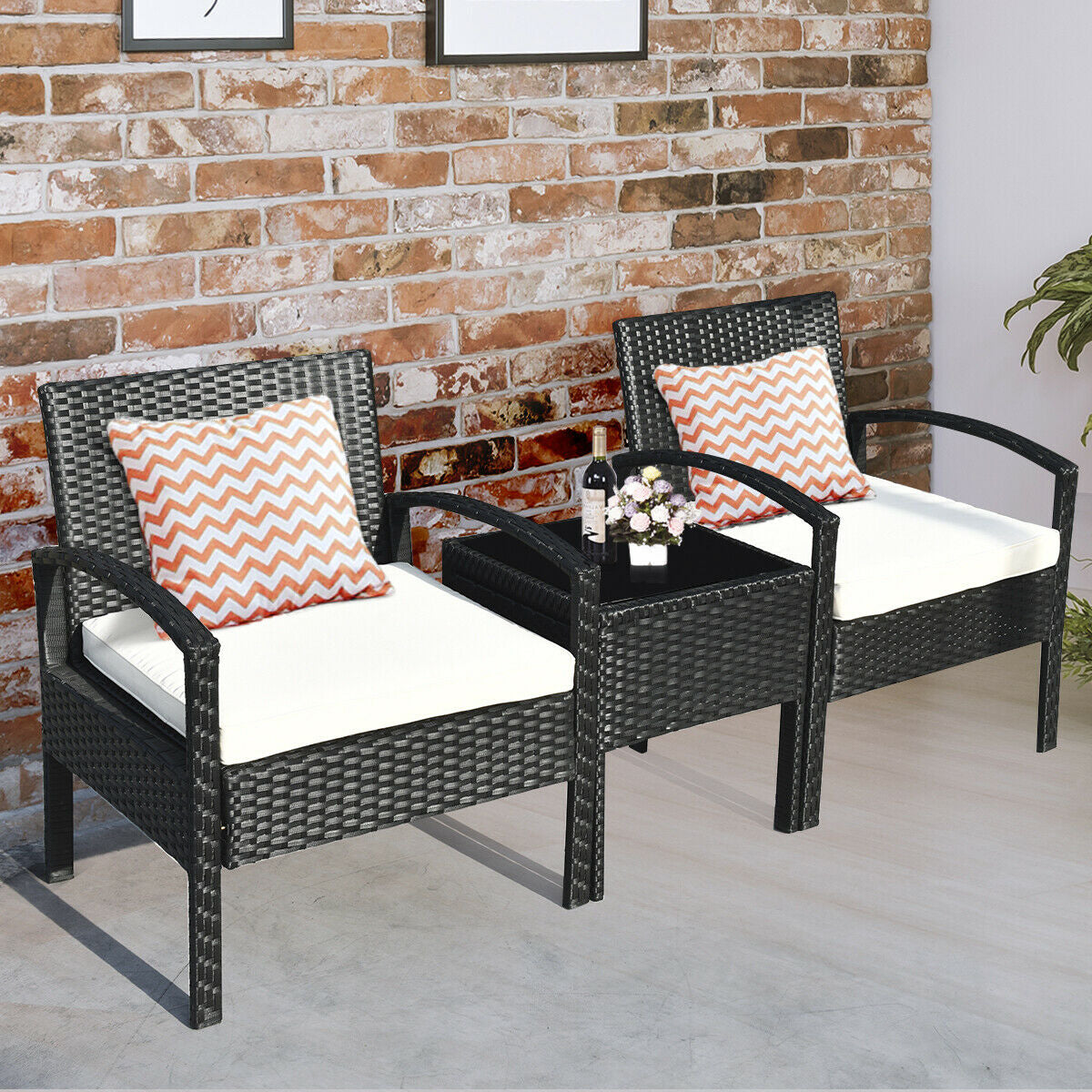 3 Piece Patio Rattan Furniture Set Sofa Cushioned Table Garden