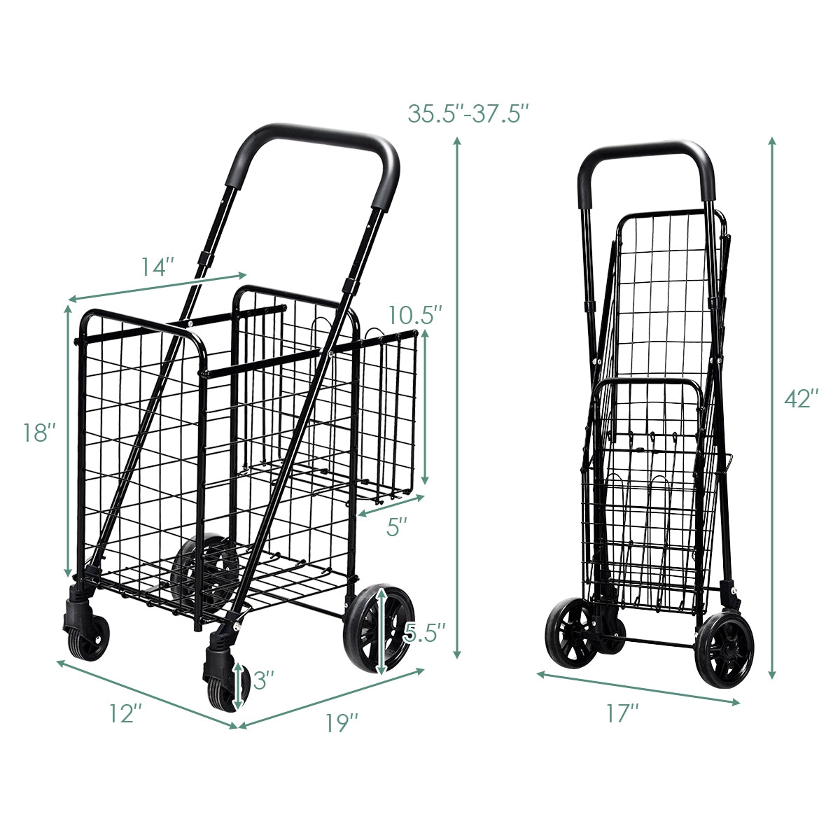 Folding Shopping Cart Basket Rolling Trolley with Adjustable Handle-Black (Assembled)