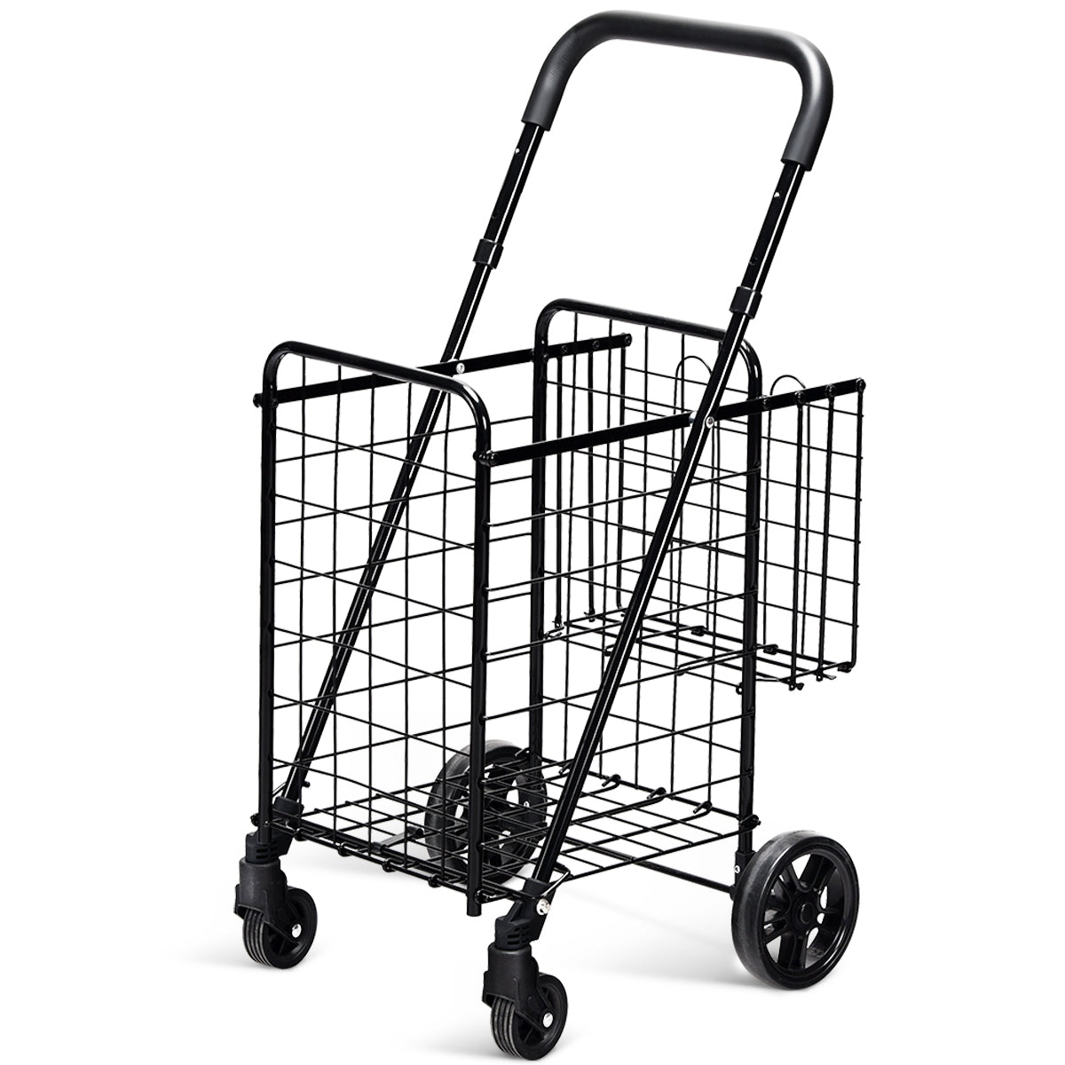 Folding Shopping Cart Basket Rolling Trolley with Adjustable Handle-Black (Assembled)