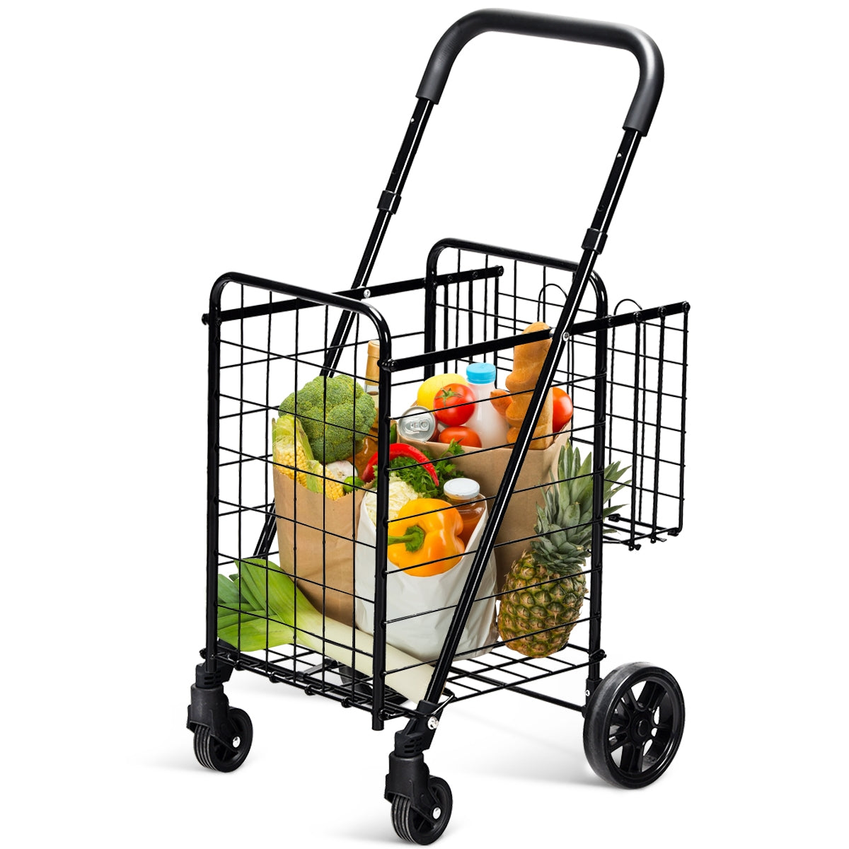 Folding Shopping Cart Basket Rolling Trolley with Adjustable Handle-Black (Assembled)