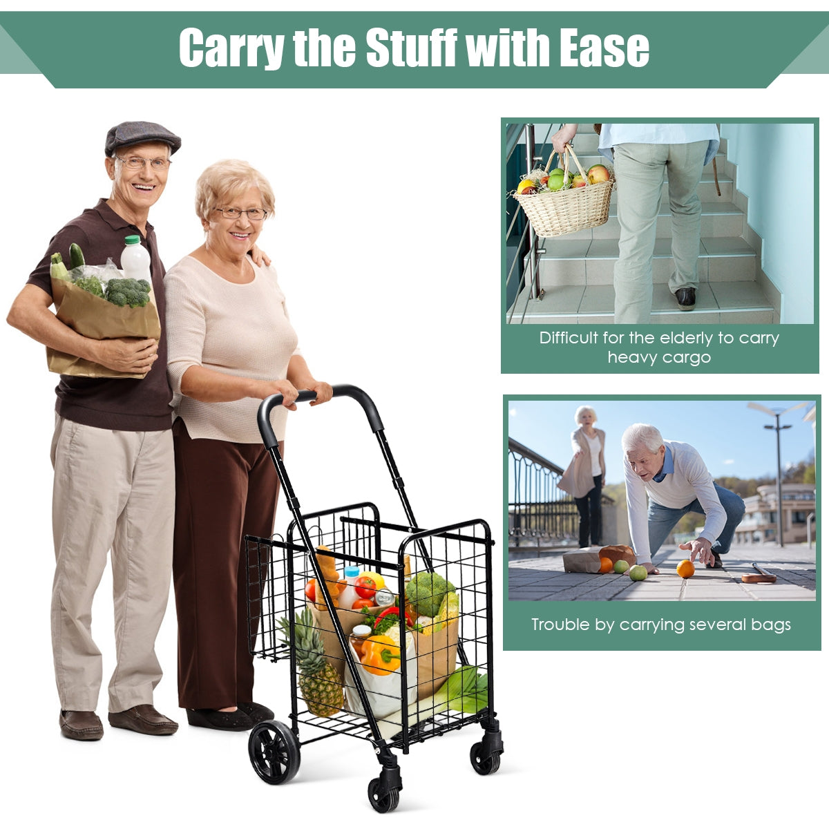 Folding Shopping Cart Basket Rolling Trolley with Adjustable Handle-Black (Assembled)