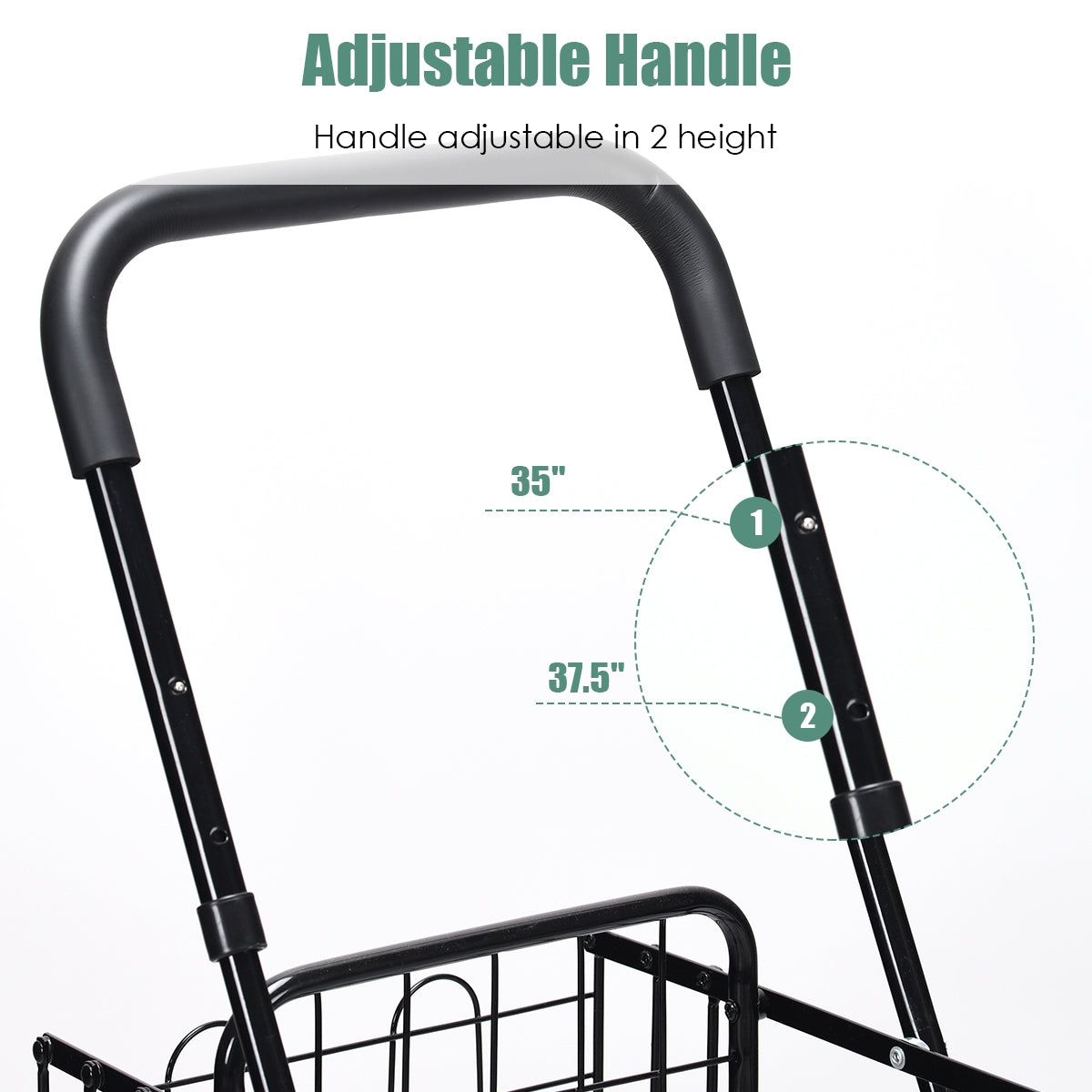 Folding Shopping Cart Basket Rolling Trolley with Adjustable Handle-Black (Assembled)