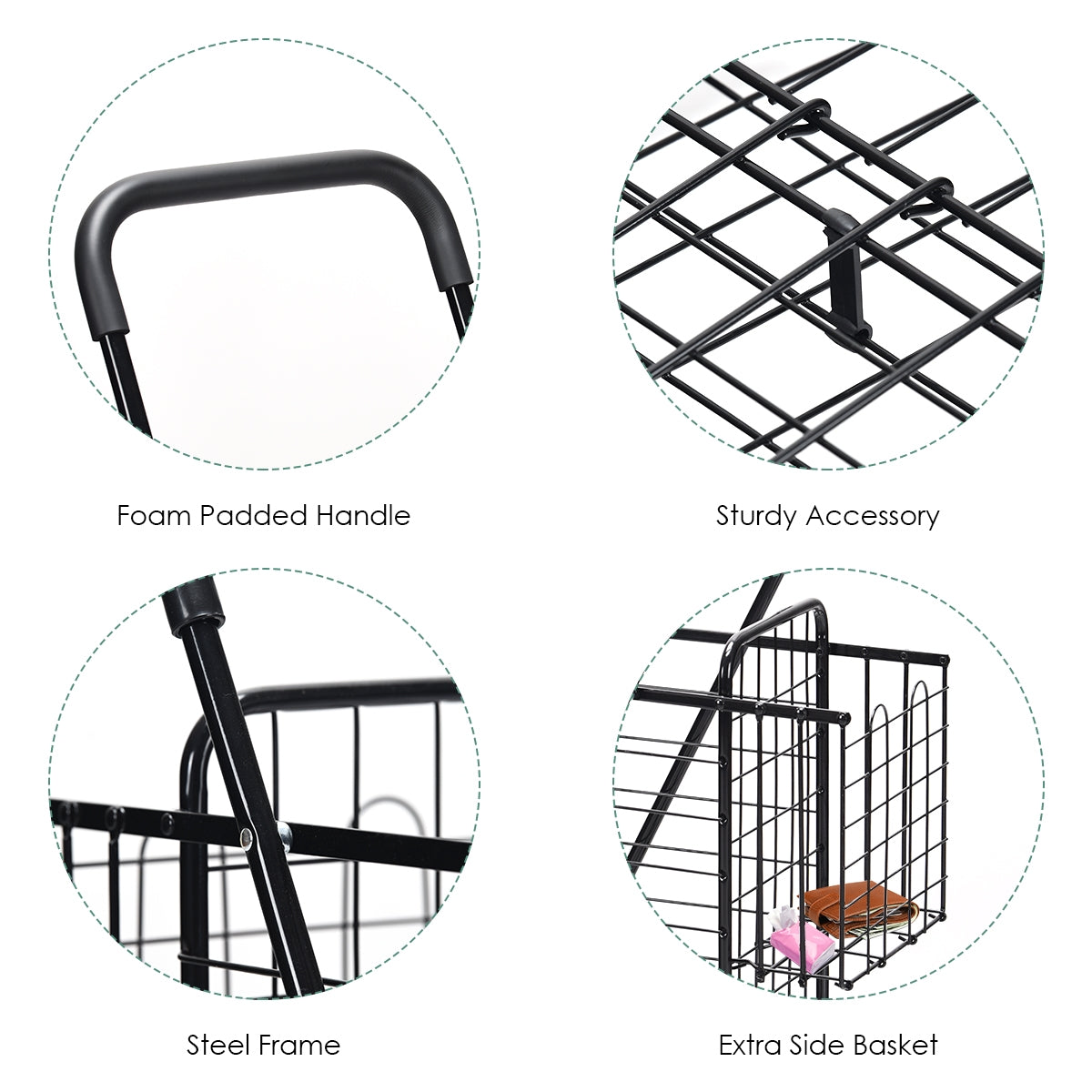 Folding Shopping Cart Basket Rolling Trolley with Adjustable Handle-Black (Assembled)