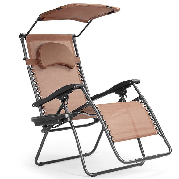 Folding Recliner Lounge Chair w/ Shade Canopy Cup Holder-Coffee (Copy)