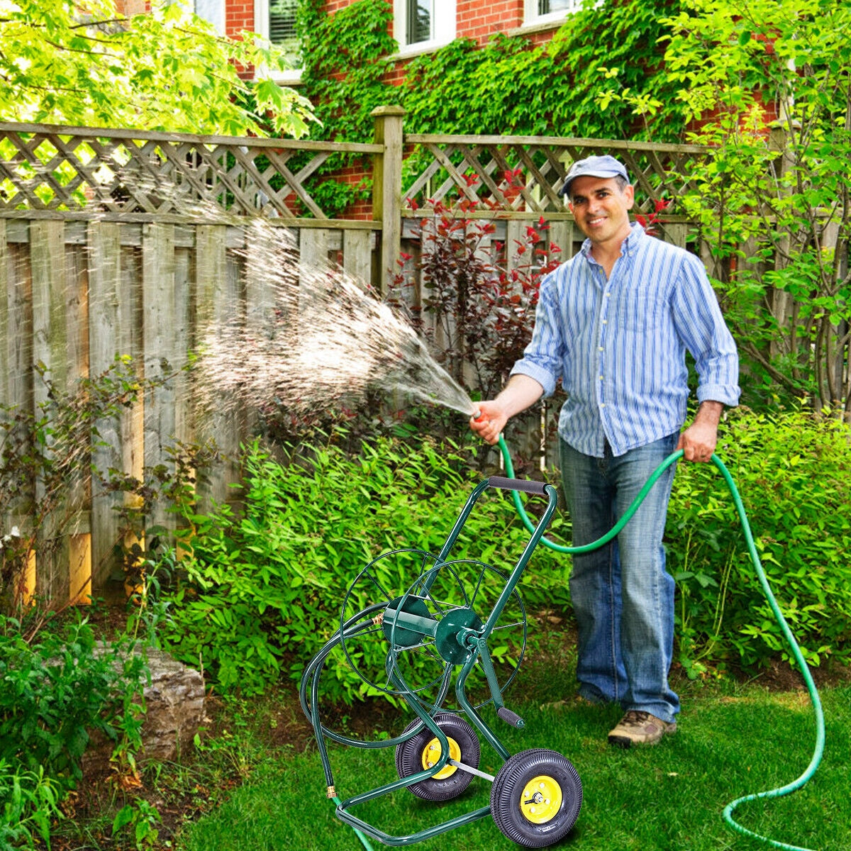 Garden Steel Frame Wheeled Hose Reel Cart, Fully Assembled, short hose included