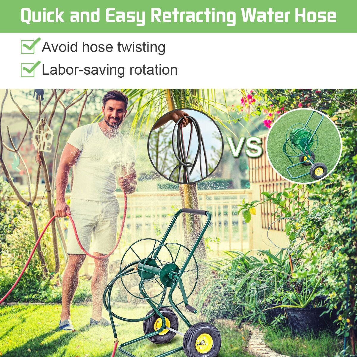 Garden Steel Frame Wheeled Hose Reel Cart, Fully Assembled, short hose included