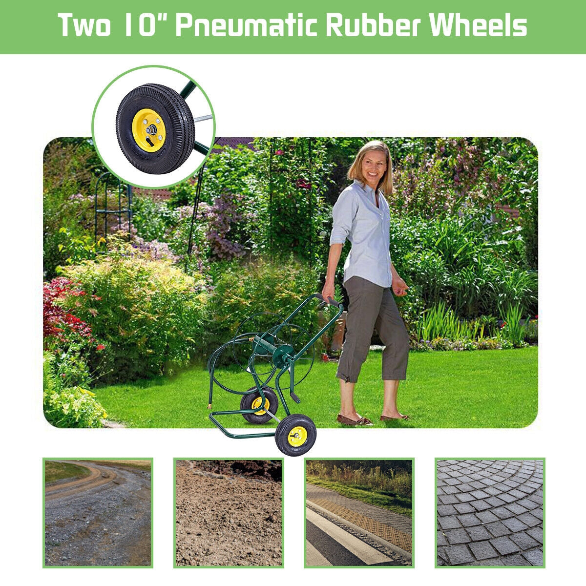 Garden Steel Frame Wheeled Hose Reel Cart, Fully Assembled, short hose included