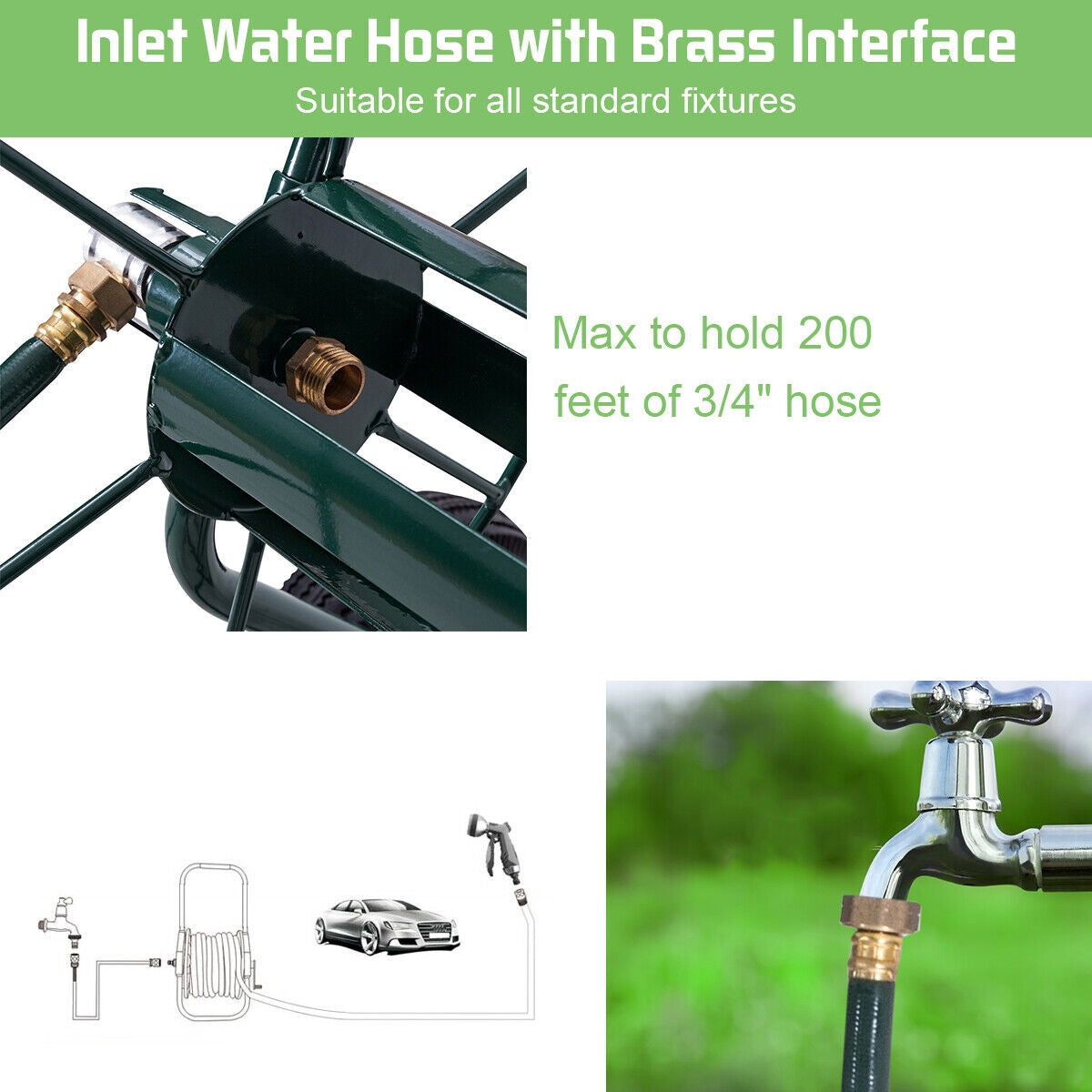 Garden Steel Frame Wheeled Hose Reel Cart, Fully Assembled, short hose included