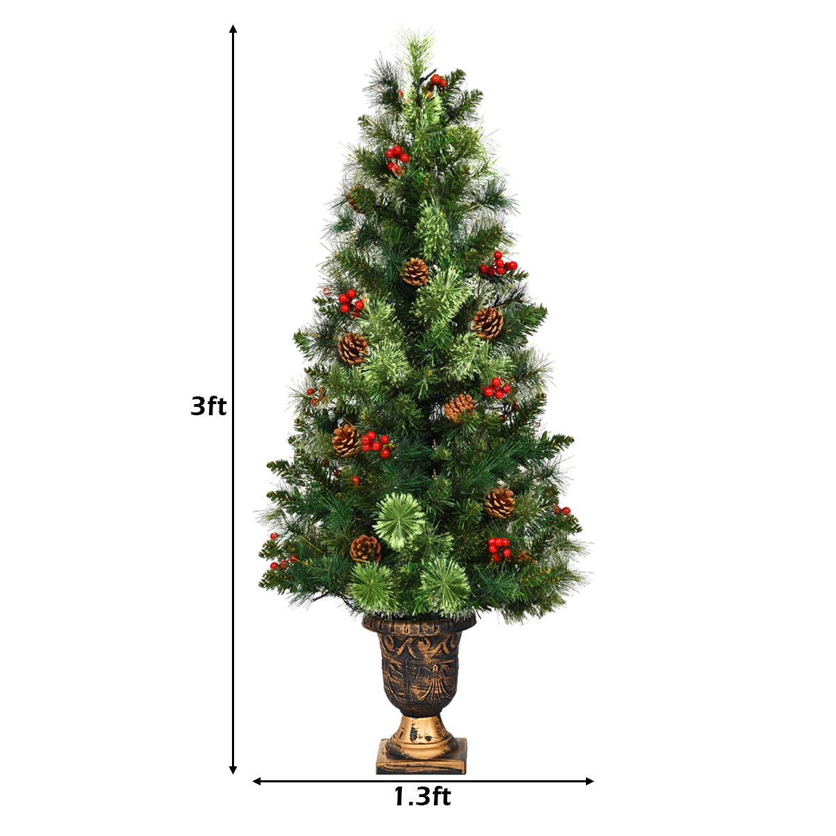 3' LED Christmas Entrance Tree w/ Red Berries Pine Cones