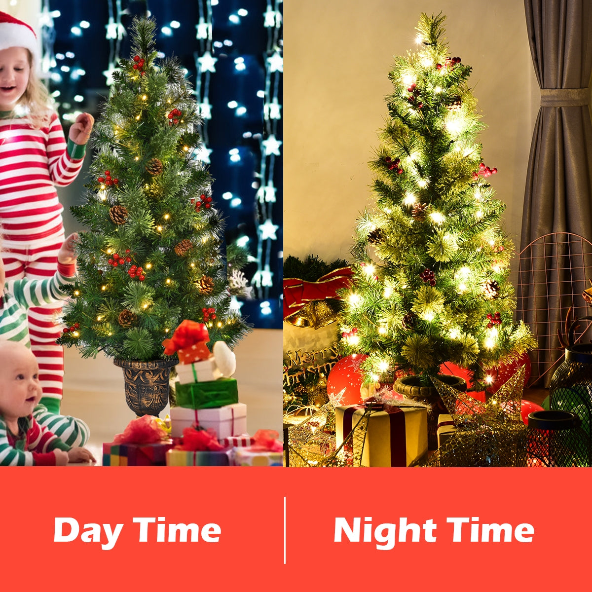 3' LED Christmas Entrance Tree w/ Red Berries Pine Cones