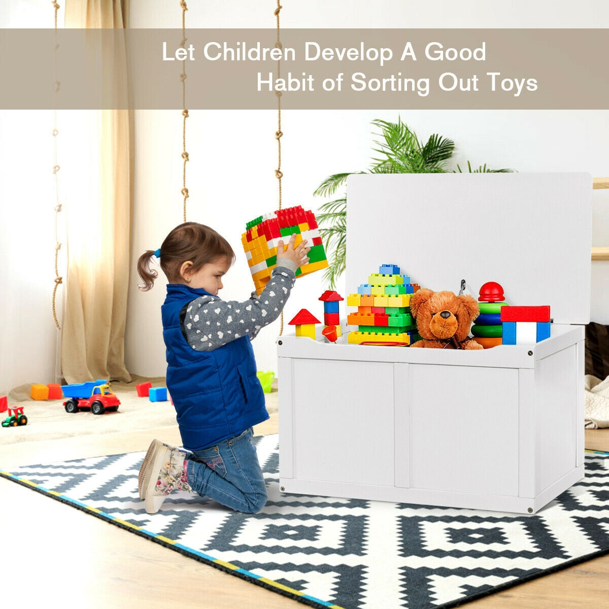 Safety Hinge Wooden Chest Organizer Toy Storage Box-White - Assembly required