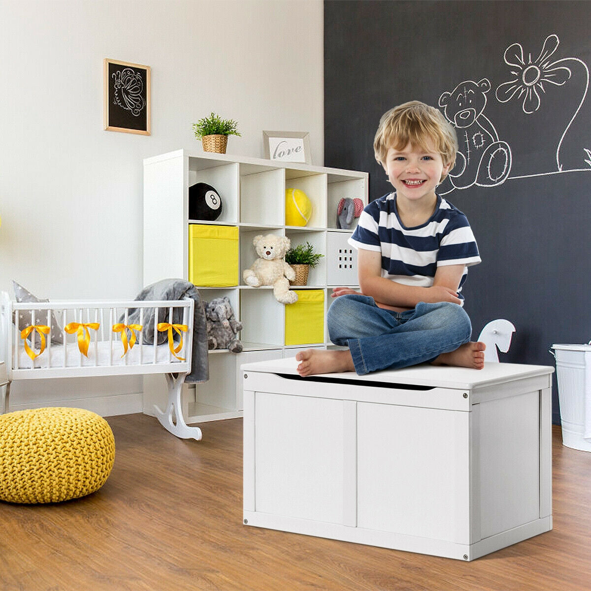 Safety Hinge Wooden Chest Organizer Toy Storage Box-White - Assembly required