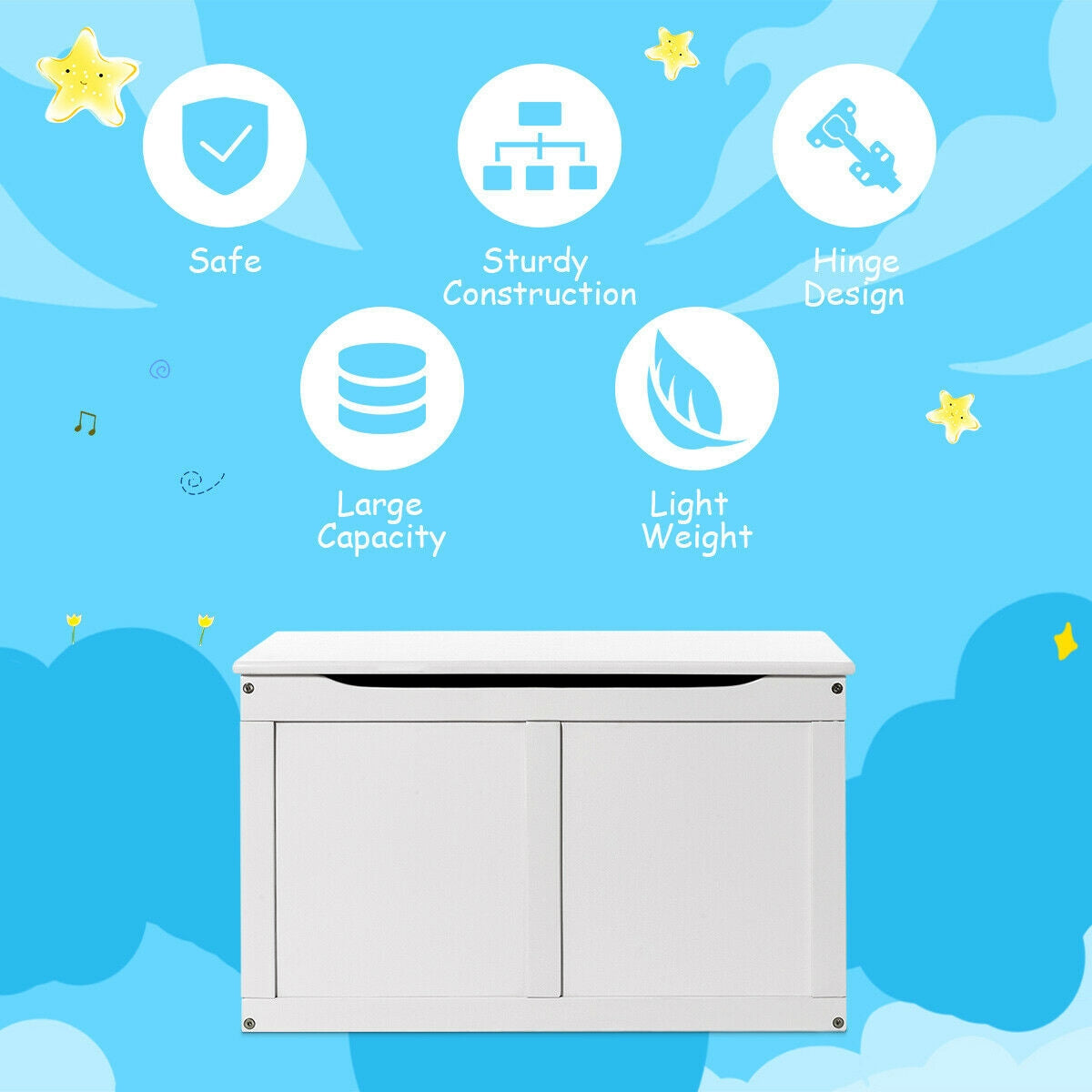 Safety Hinge Wooden Chest Organizer Toy Storage Box-White - Assembly required