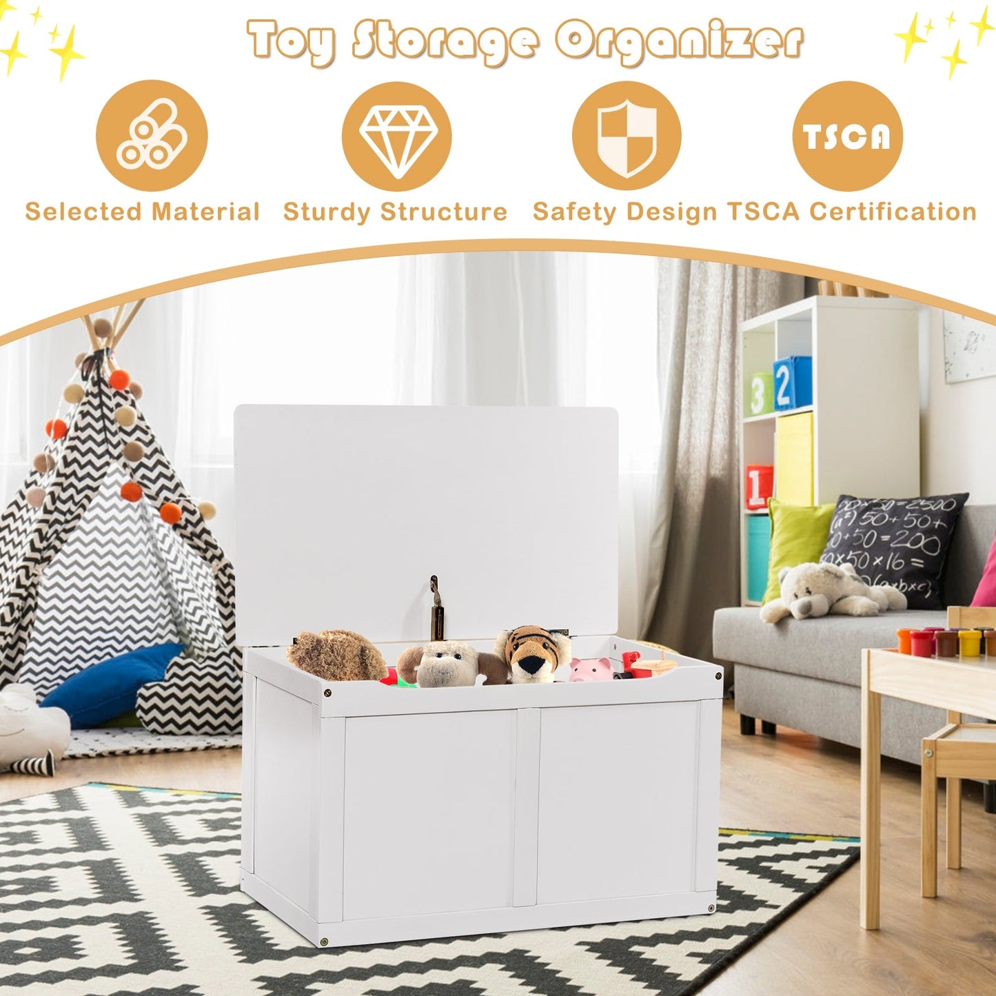 Safety Hinge Wooden Chest Organizer Toy Storage Box-White - Assembly required