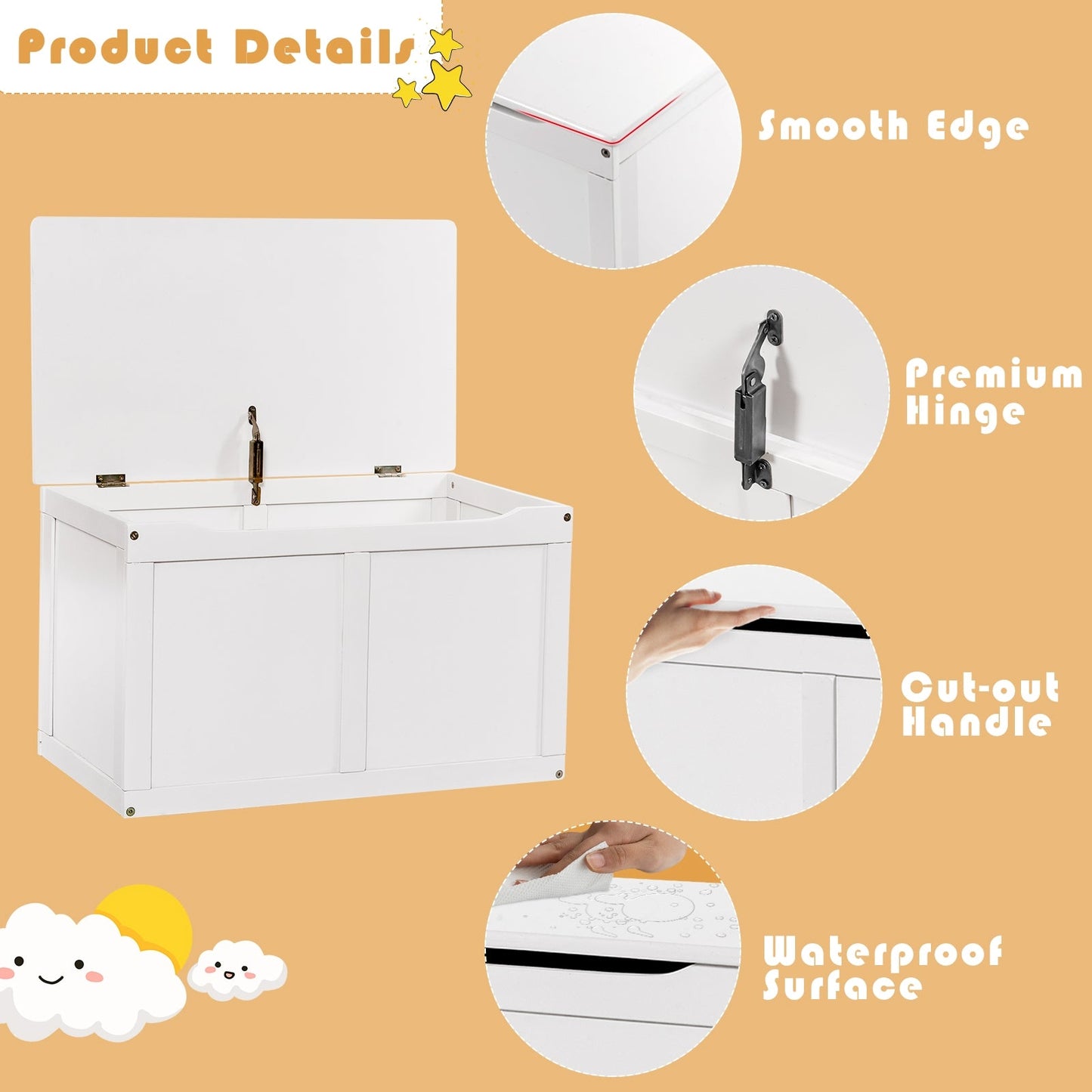 Safety Hinge Wooden Chest Organizer Toy Storage Box-White - Assembly required