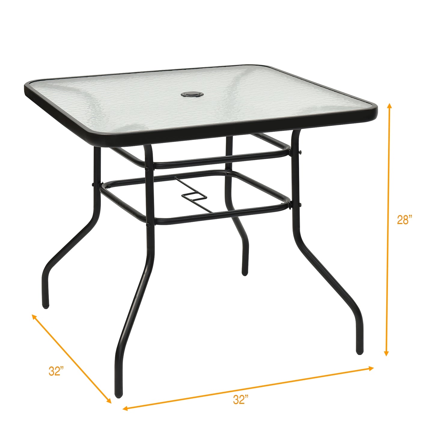 32 Inch Patio Tempered Glass Steel Frame Square Table, Fully Assembled