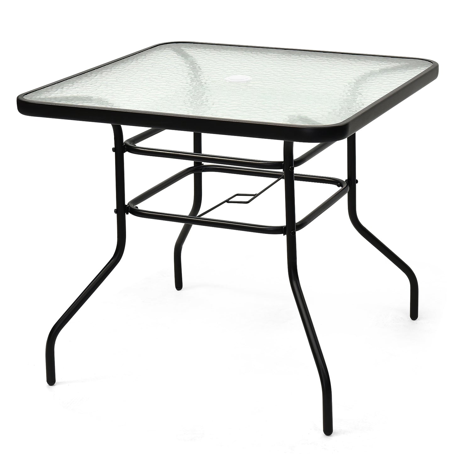 32 Inch Patio Tempered Glass Steel Frame Square Table, Fully Assembled