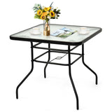 32 Inch Patio Tempered Glass Steel Frame Square Table, Fully Assembled
