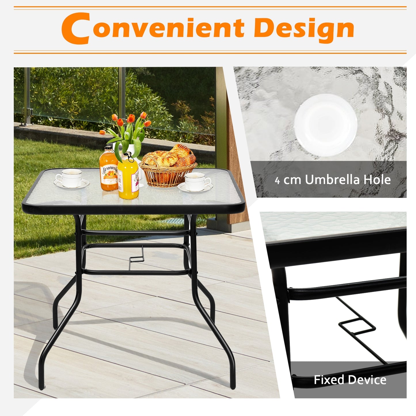 32 Inch Patio Tempered Glass Steel Frame Square Table, Fully Assembled