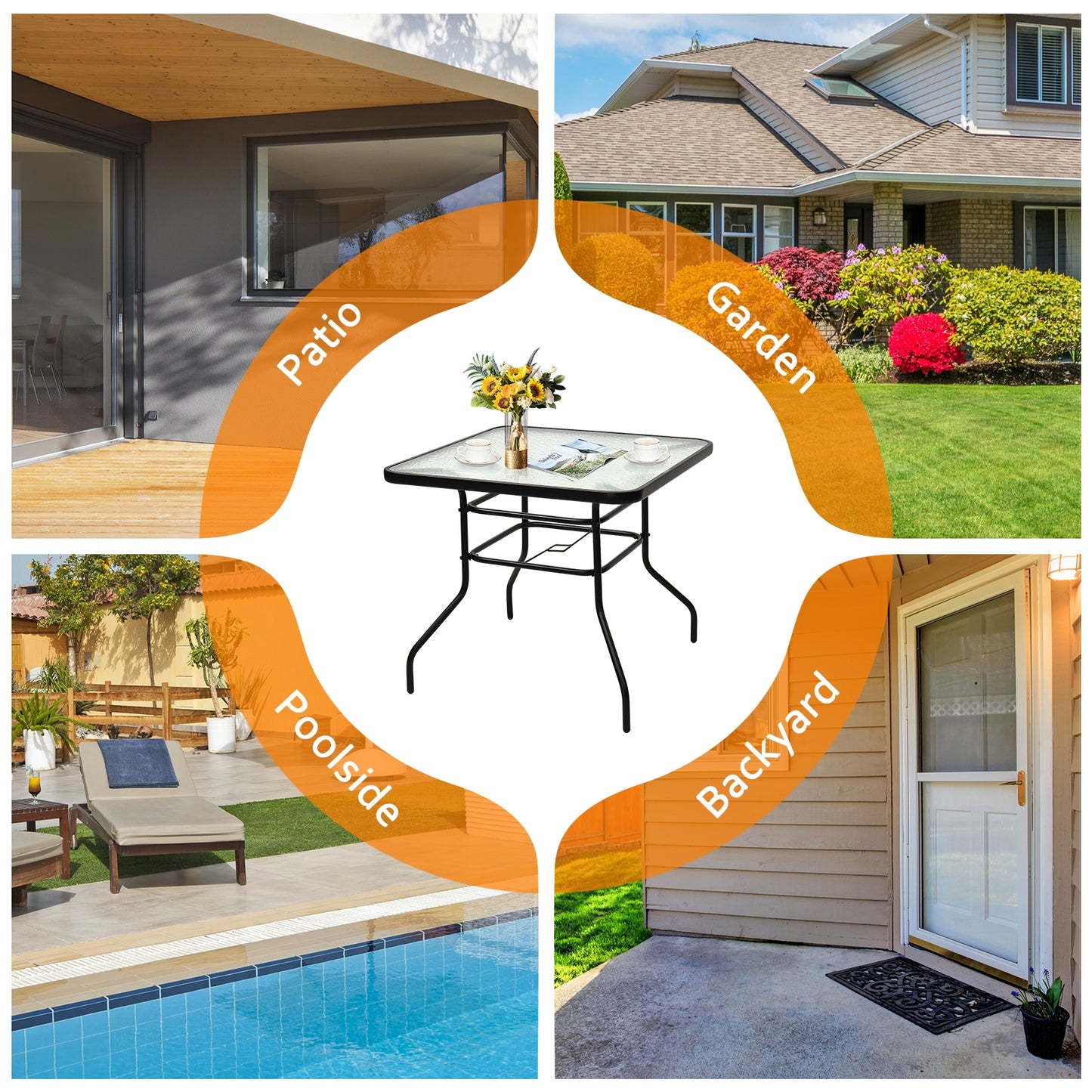32 Inch Patio Tempered Glass Steel Frame Square Table, Fully Assembled