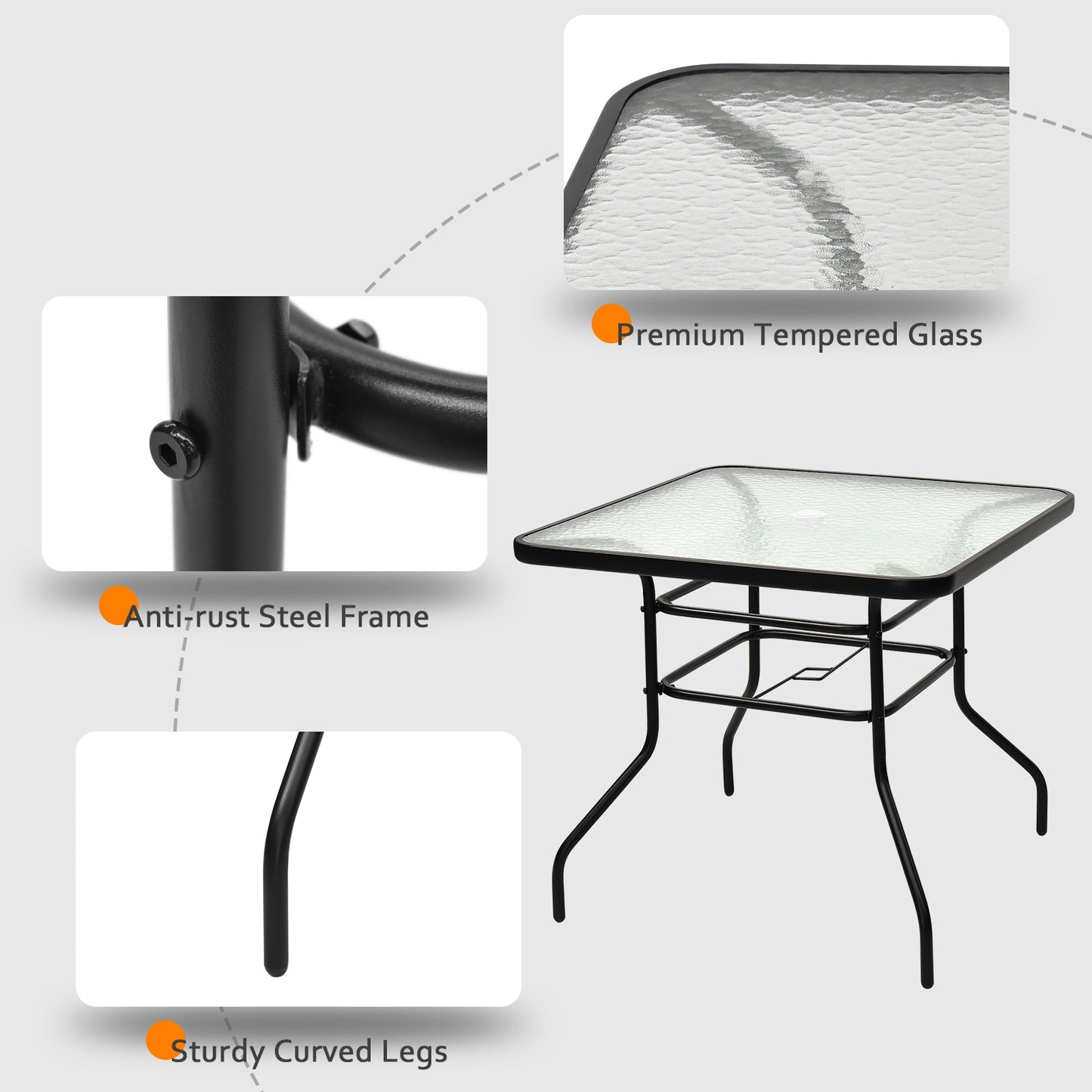 32 Inch Patio Tempered Glass Steel Frame Square Table, Fully Assembled