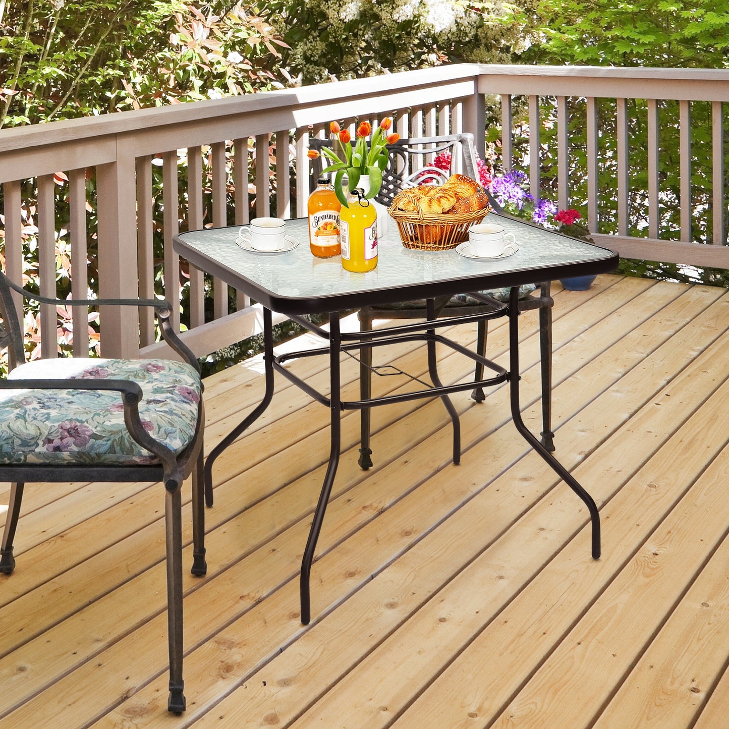 32 Inch Patio Tempered Glass Steel Frame Square Table, Fully Assembled