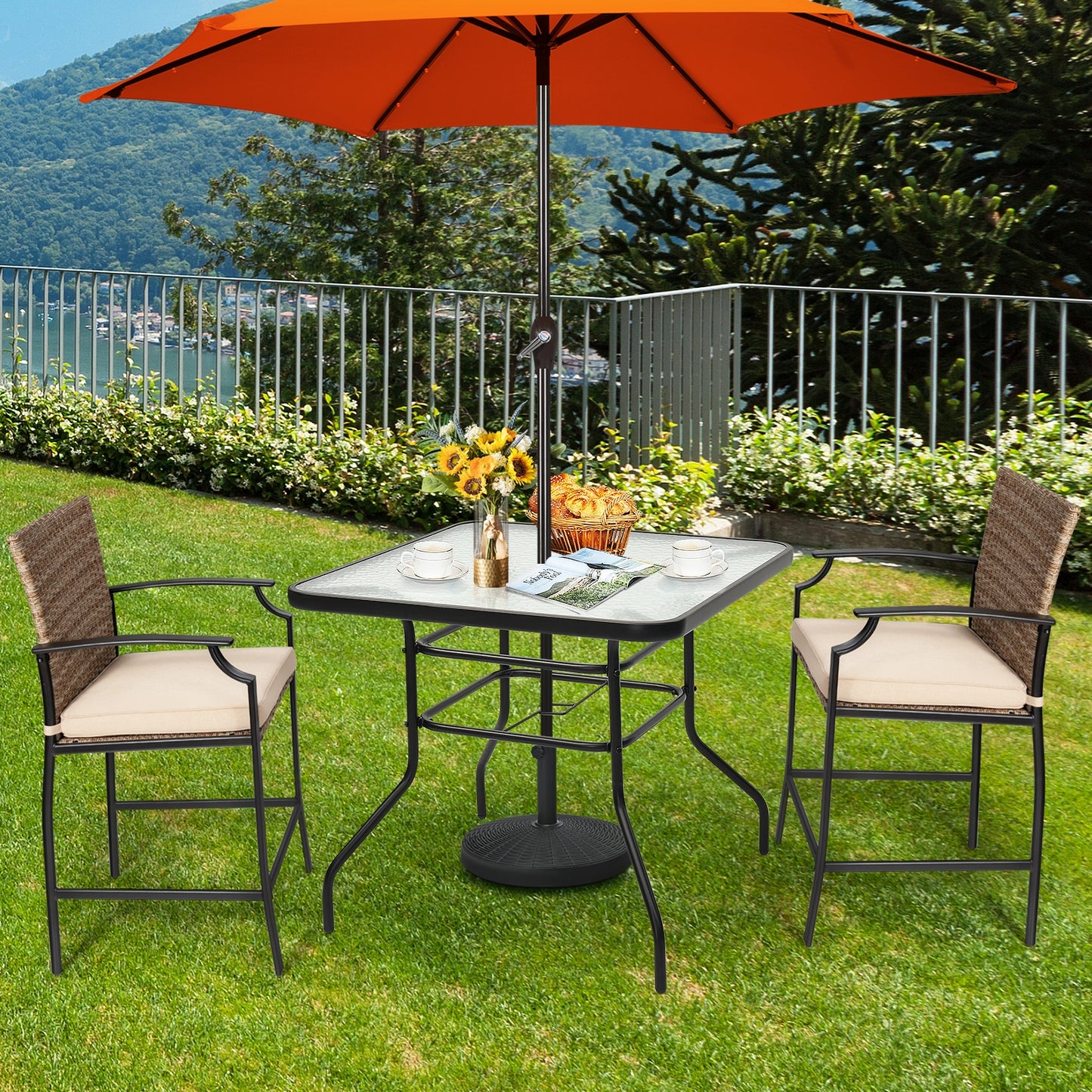 32 Inch Patio Tempered Glass Steel Frame Square Table, Fully Assembled