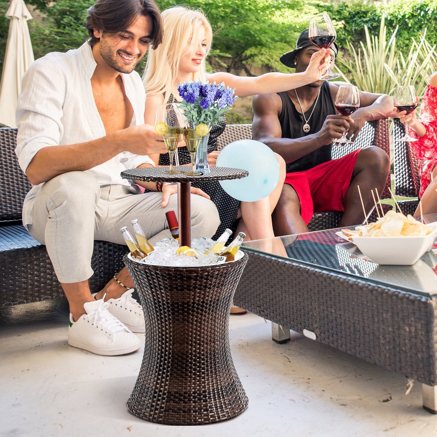 Height Adjustable Patio Rattan Cooler Bar Table-Brown, Fully Assembled