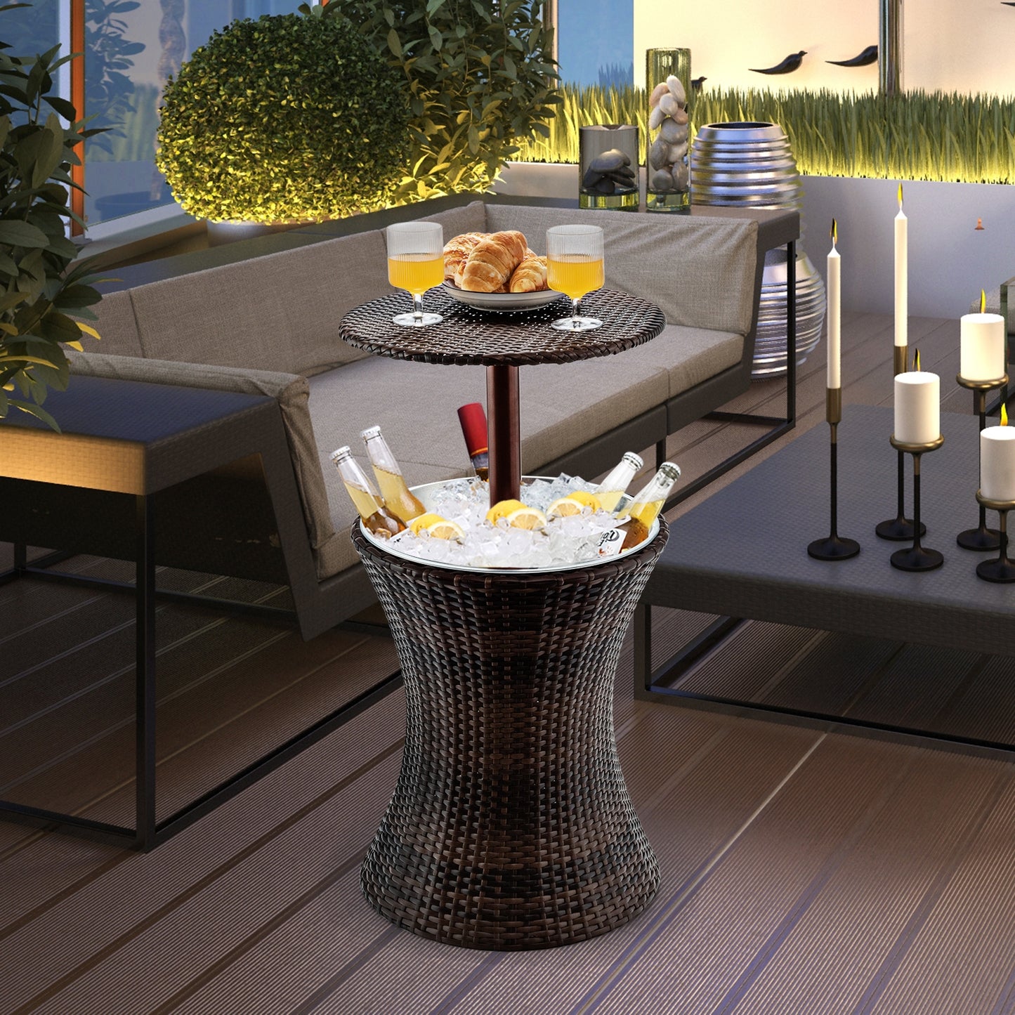 Height Adjustable Patio Rattan Cooler Bar Table-Brown, Fully Assembled