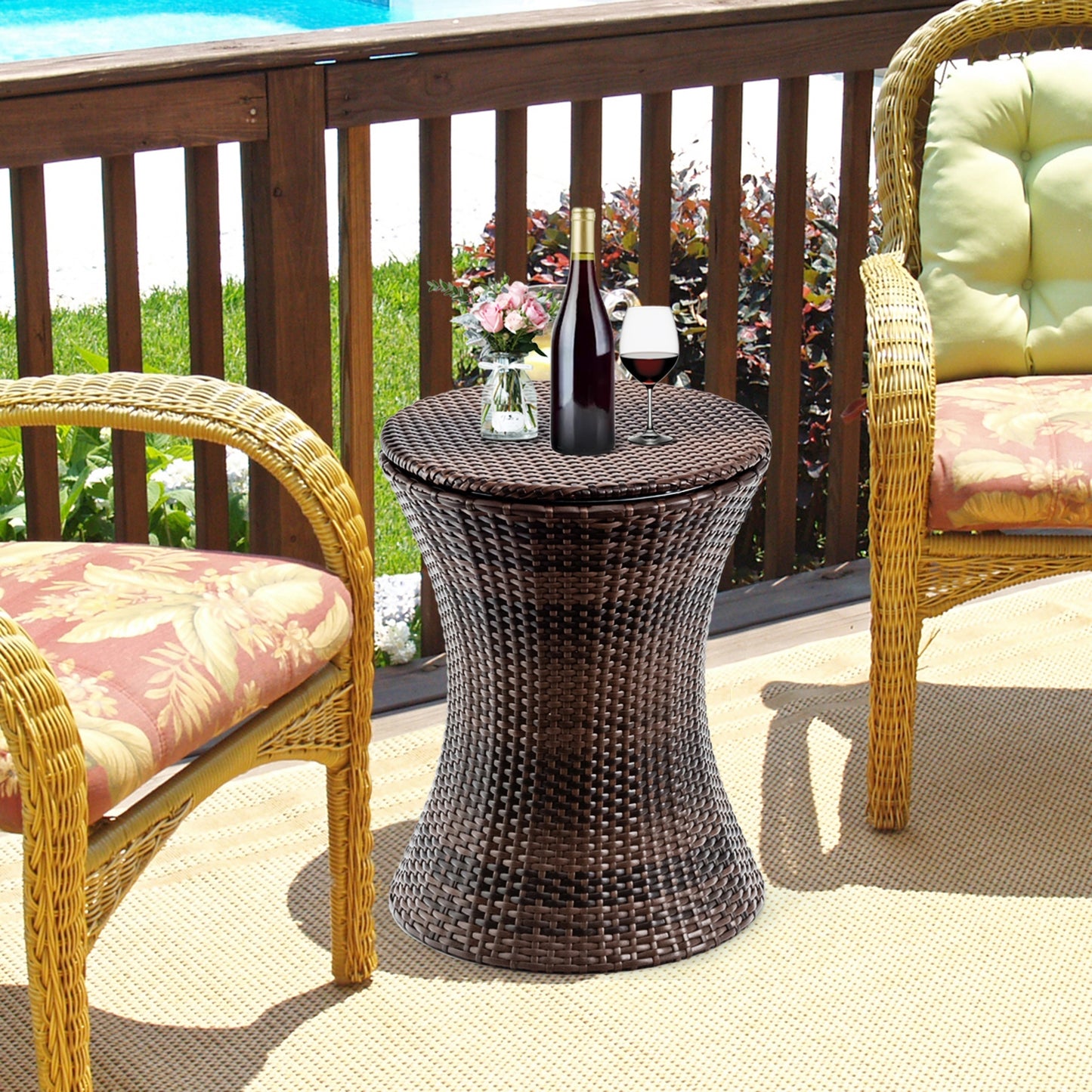 Height Adjustable Patio Rattan Cooler Bar Table-Brown, Fully Assembled