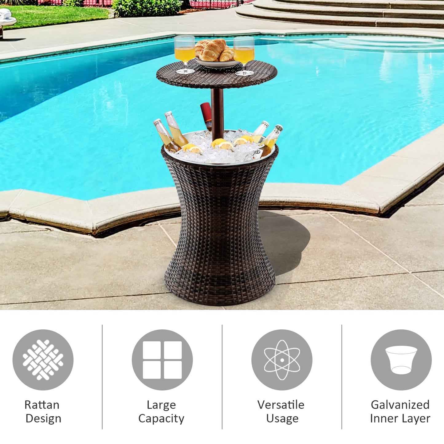 Height Adjustable Patio Rattan Cooler Bar Table-Brown, Fully Assembled