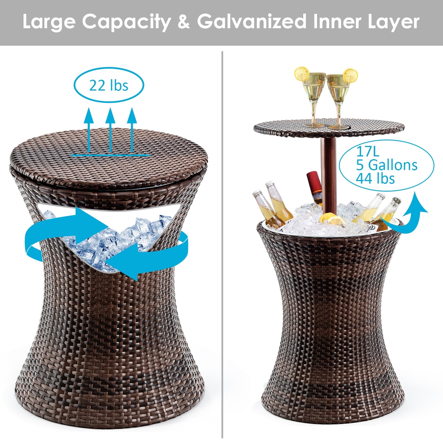 Height Adjustable Patio Rattan Cooler Bar Table-Brown, Fully Assembled
