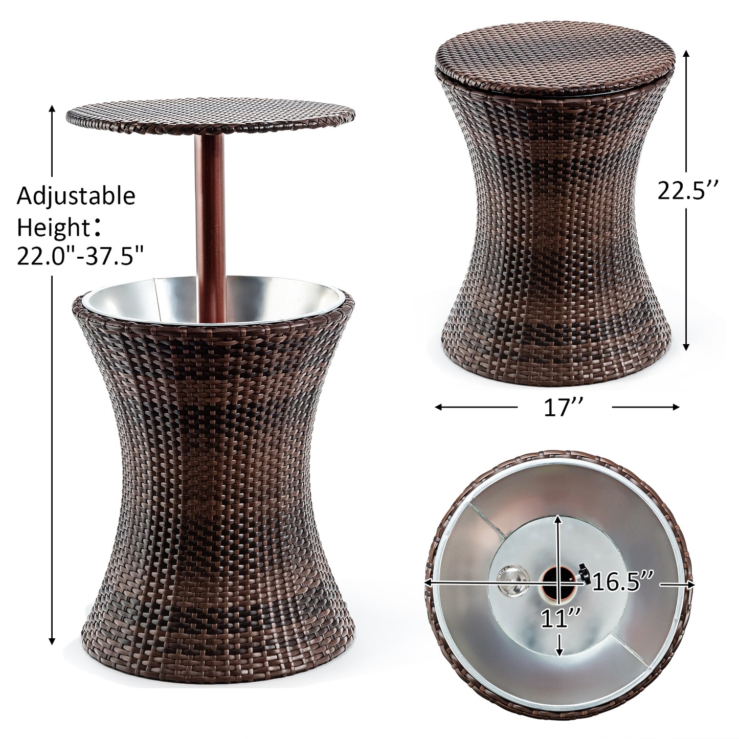 Height Adjustable Patio Rattan Cooler Bar Table-Brown, Fully Assembled