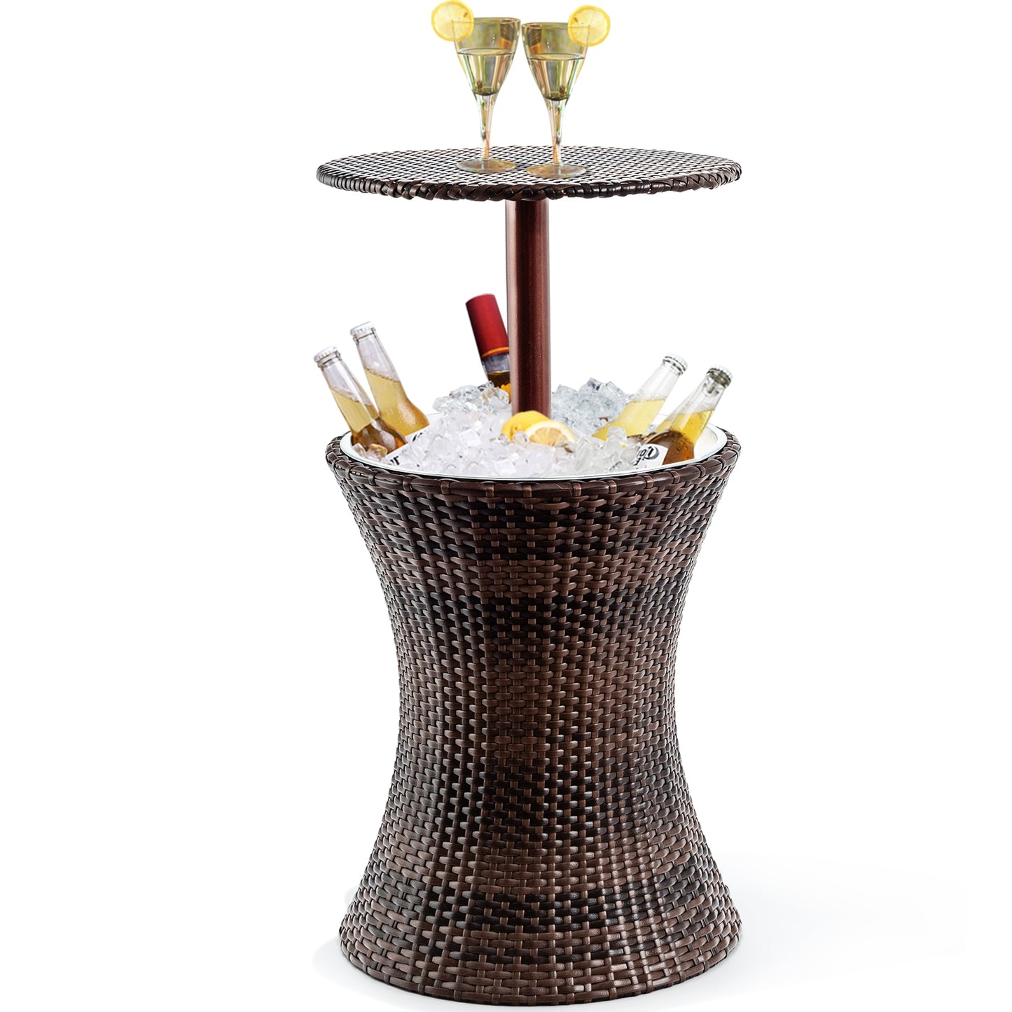 Height Adjustable Patio Rattan Cooler Bar Table-Brown, Fully Assembled