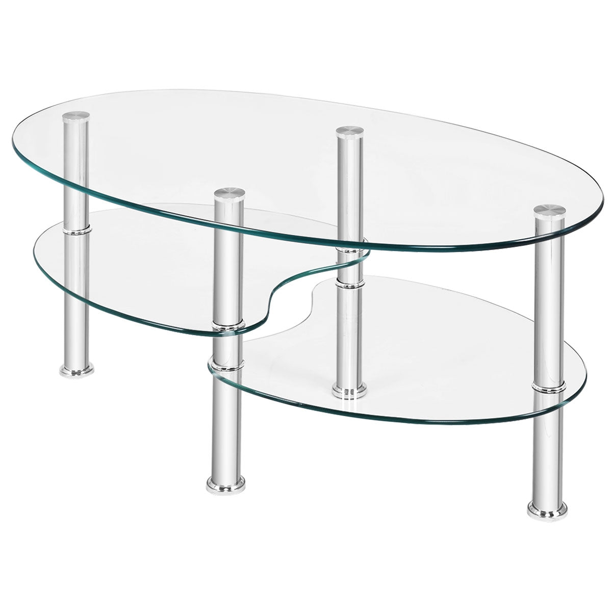 Tempered Glass Oval Side Coffee Table-Transparent - Fully Assembled