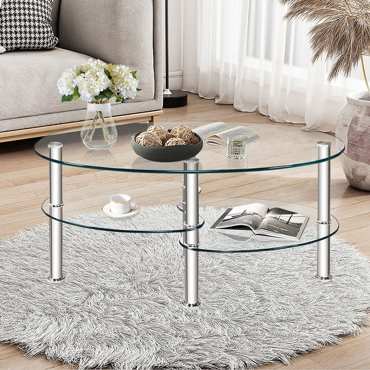 Tempered Glass Oval Side Coffee Table-Transparent - Fully Assembled