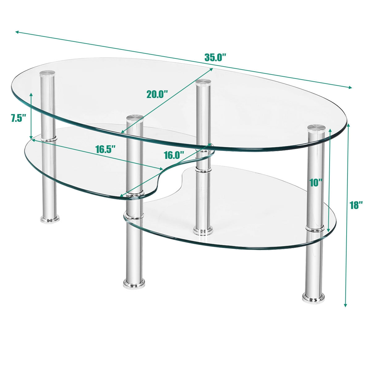 Tempered Glass Oval Side Coffee Table-Transparent - Fully Assembled
