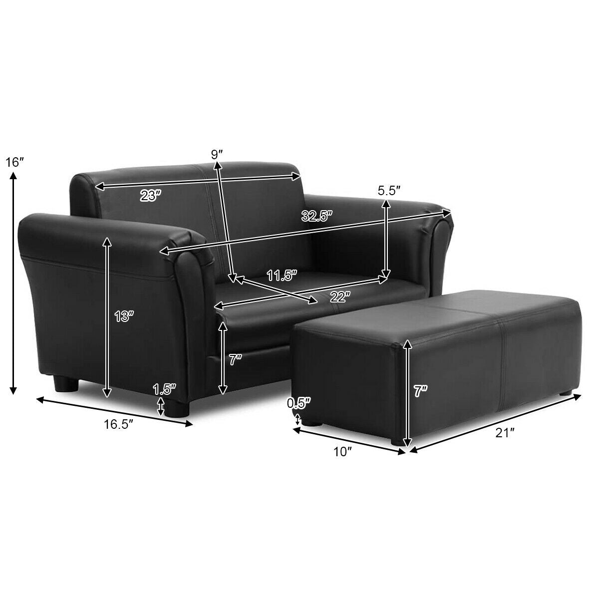 Kids Double Sofa with Ottoman-Black