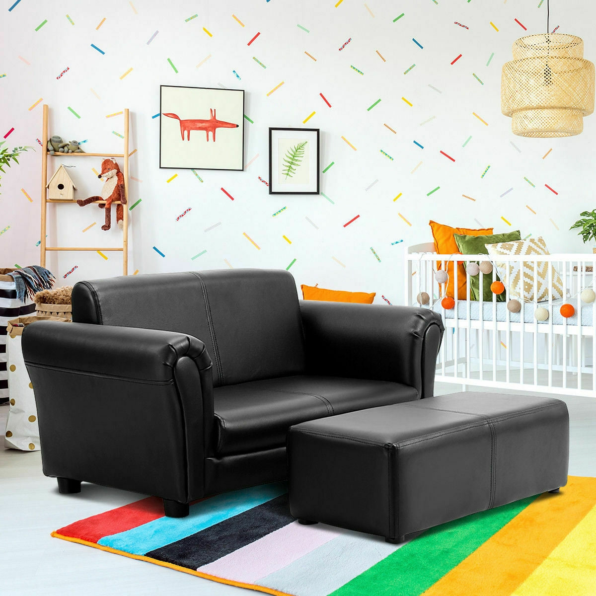 Kids Double Sofa with Ottoman-Black