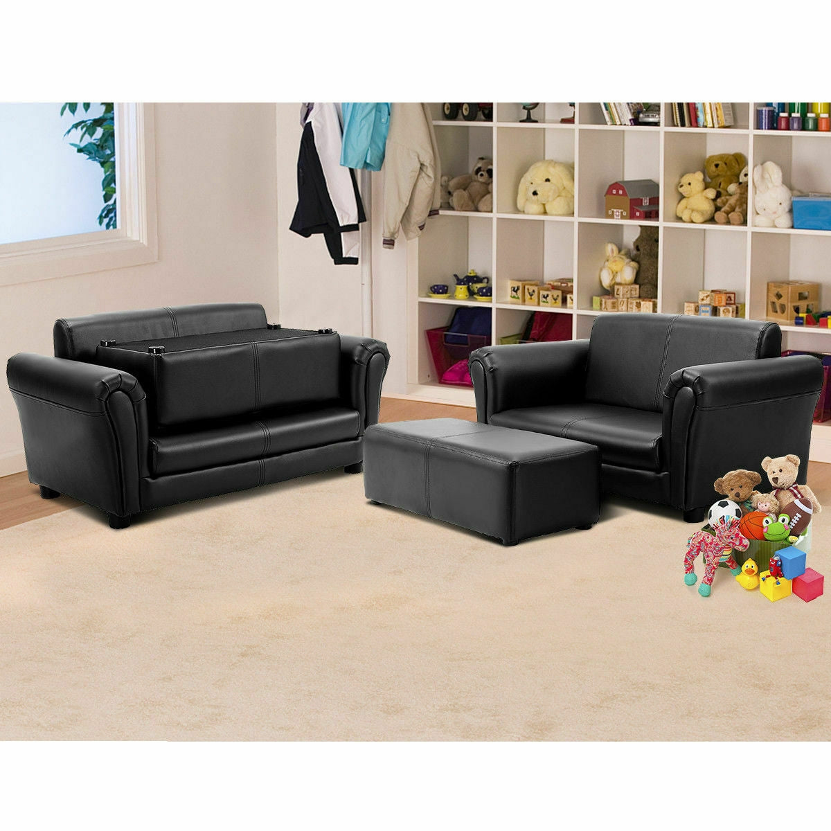 Kids Double Sofa with Ottoman-Black