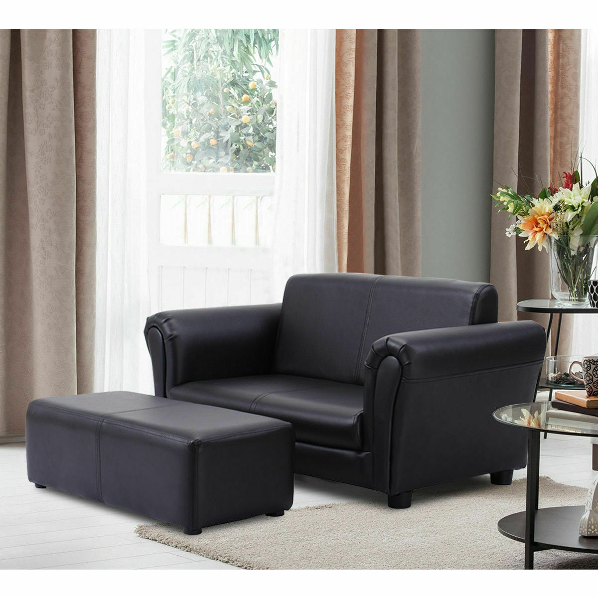 Kids Double Sofa with Ottoman-Black